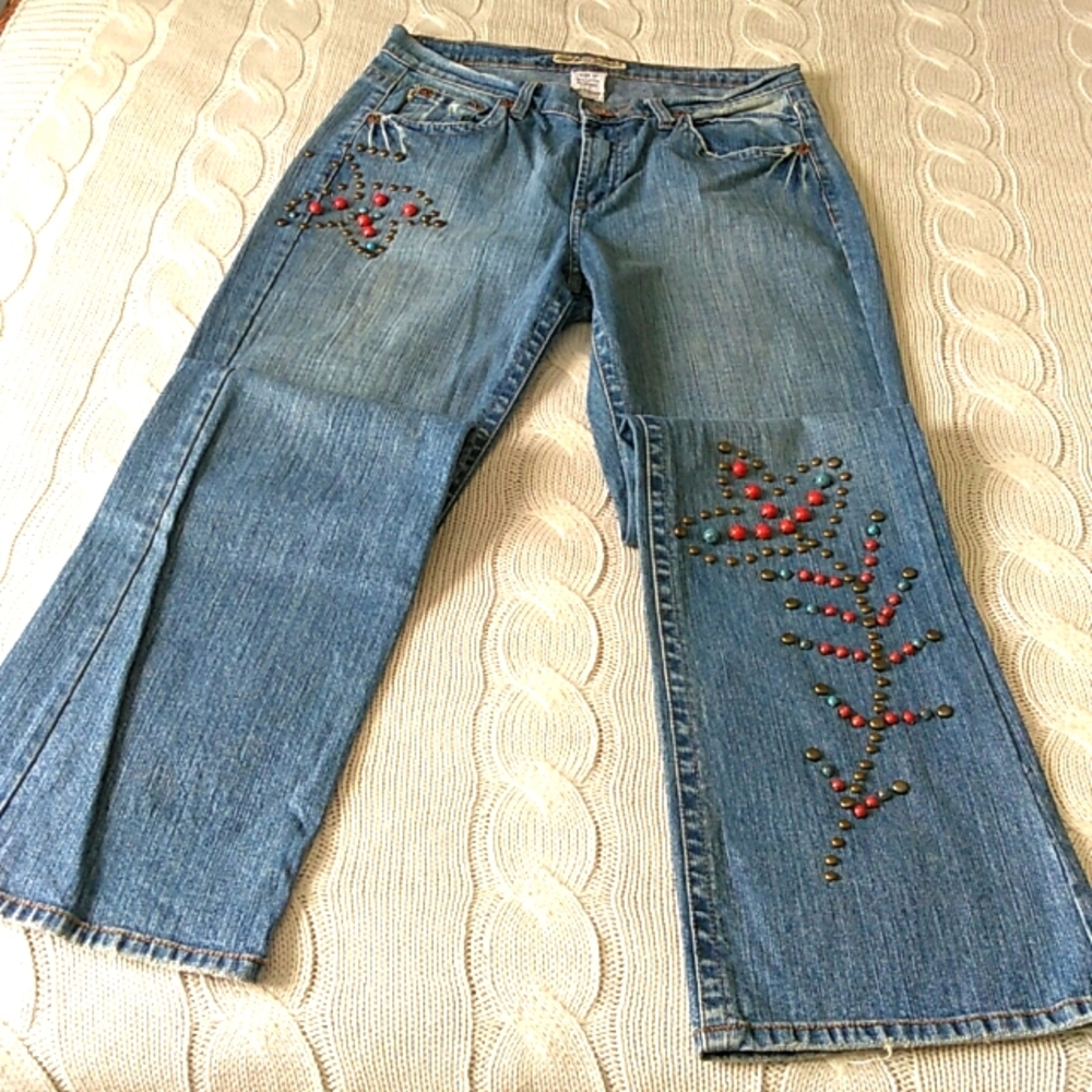 Z. Cavaricci Blue Denim Flare Jeans with Red & Green Stud Embellishments